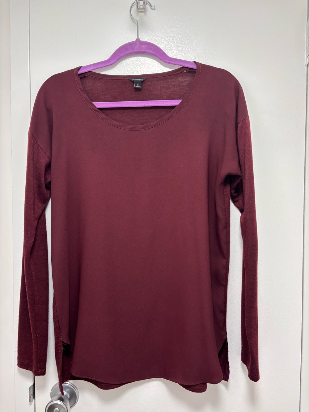 Ann Taylor Stylish Women's Mixed Media Long-Sleeve Scoop Neck Top - Burgundy